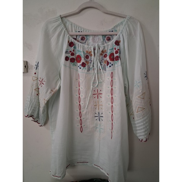 Johnny Was Tops - Johnny Was 3J Workshop Mint Green Embroidered Peasant Blouse Boho Top Large